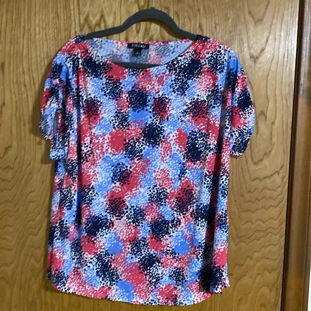 Roz&Ali Large Fun Shirt Pink White & Blue cap sleeves with ties